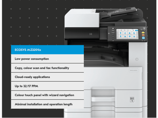 Το νέο Kyocera ECOSYS MZ3201ix συνδυάζει επαγγελματική εκτύπωση A3, έξυπνη διαχείριση εγγράφων, cloud δυνατότητες και προηγμένη ασφάλεια για τη σύγχρονη επιχείρηση.