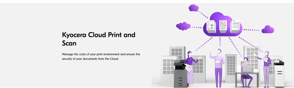 Εικονογράφηση που δείχνει την υπηρεσία Kyocera Cloud Print και Scan, με ανθρώπους να αλληλεπιδρούν με έγγραφα και εκτυπωτές σε ένα περιβάλλον γραφείου.
